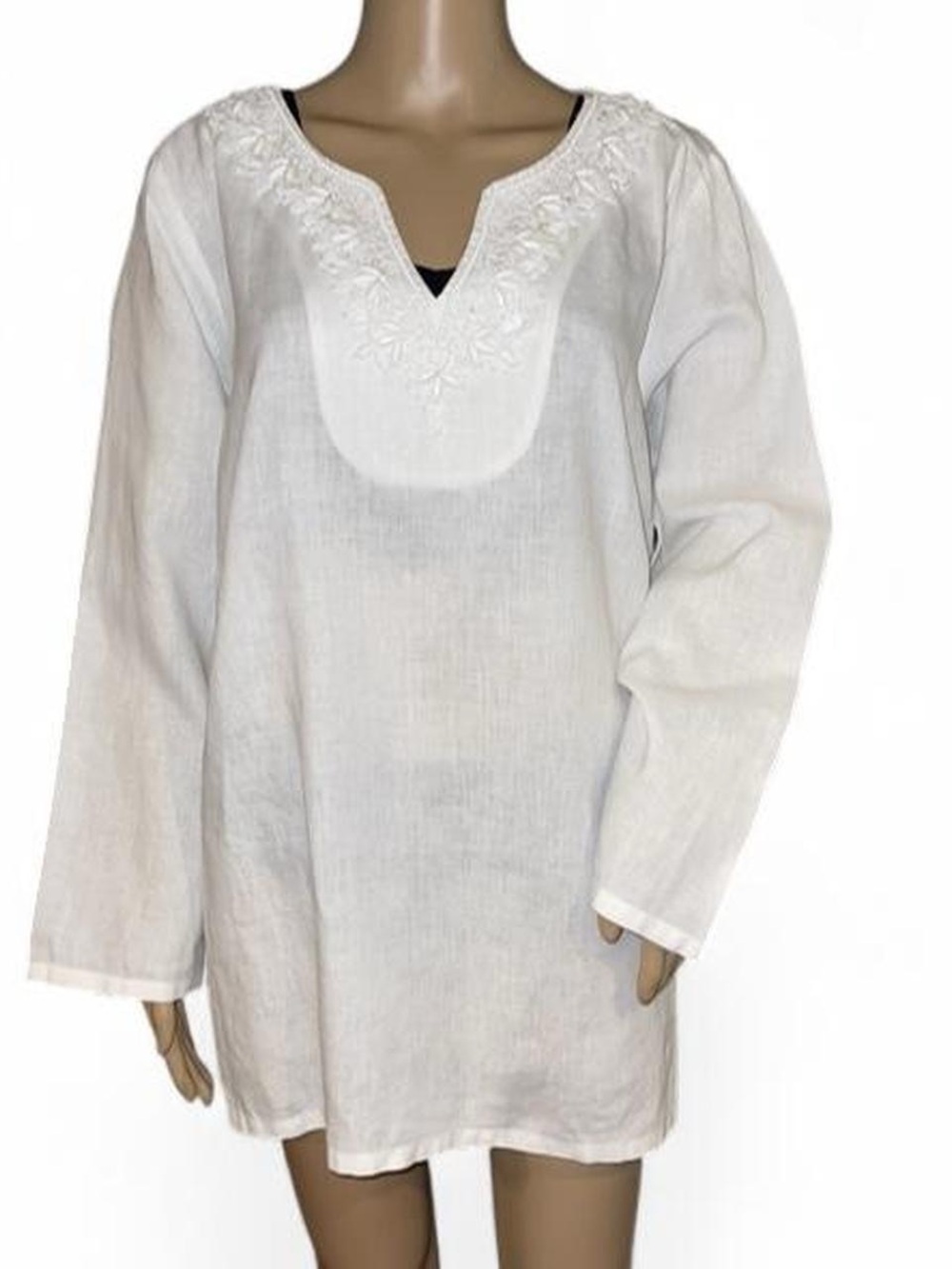 Talbots White Linen Shirt Beach Coverup Embellished Neckline Women’s Size 2X